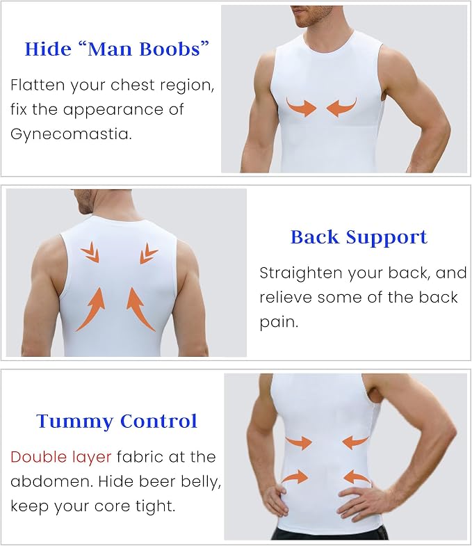 Compression Shirt Men Slimming Body Shaper Vest Crewneck Workout Tank Top | Tummy Control Undershirts, Gynecomastia Compression Shirts, Back Support, Sleeveless Muscle Shirts, Shaping Tank Top