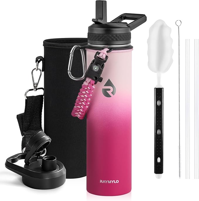 RAYMYLO Insulated Water Bottle 24 oz, Triple Wall Vacuum Stainless Steel | (Cold for 24Hrs, Hot for 12Hrs), Leak Proof & Non-BPA, Modern Water Flask Jug with Paracord Handle & Straw Spout Lids