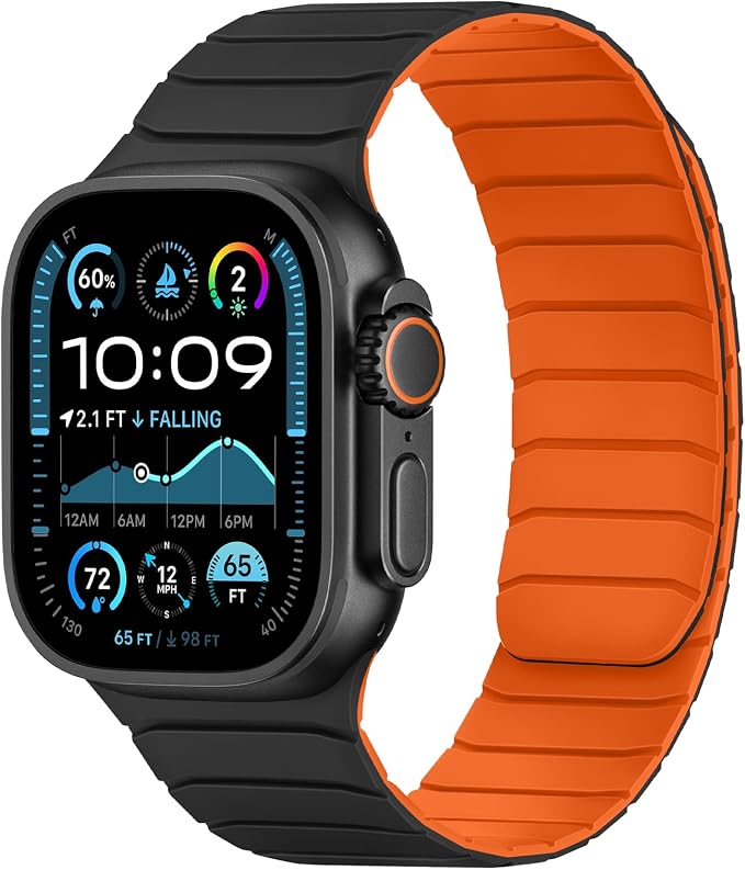 Tasikar Magnetic Bands Compatible with Apple Watch 49mm 46mm 45mm 44mm 42mm Soft Silicone Replacement Loop Wristband for iWatch Ultra 3 2 1 SE Series 11 10 9 8 7 6 5 4 3, Black-Orange