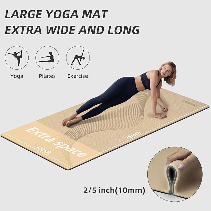 Large Exercise Mat | 10mm Thick TPE Non-slip Gym Mats, Carrying Strap