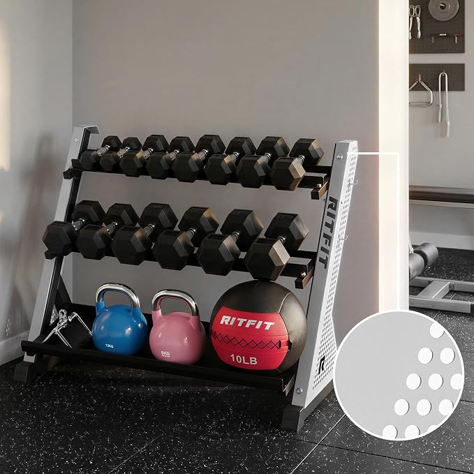 RitFit Rubber Hex Dumbbell Weight Set with 3-Tier Dumbbell Rack | Anti-Slip Knurled Chrome Handle,Cast Iron,Hexagon Anti-Roll Design,1000LB Capacity Heavy Duty Steel Rack for Home Gym