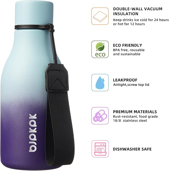 BJPKPK 12oz Insulated Water Bottle, Stainless Steel Bottle with Carry Strap | Keep Cold & Hot Vacuum Insulation, Leak-Proof BPA-Free Design, Slim Bottle Fits Most Cup Holders for Gym, Office & Travel