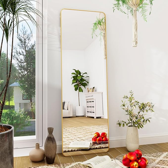 BEAUTYPEAK 59" x 16" Rounded Corner Full Length Mirror with Stand, Gold | Aluminum Alloy Frame with Standing, Leaning, or Wall-Mounted, Ideal for Bedroom, Dressing Room, Entryway, and Living Room