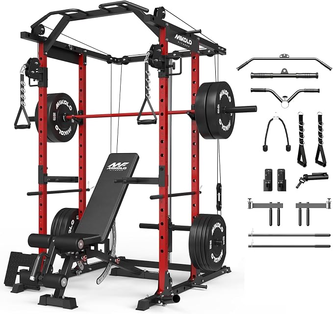 Mikolo Power Cage, Power Rack with Cable Crossover System, 1500LBS Squat Rack with LAT Pull Down System, Workout Cage with Pulley System for Fitness Home Gym