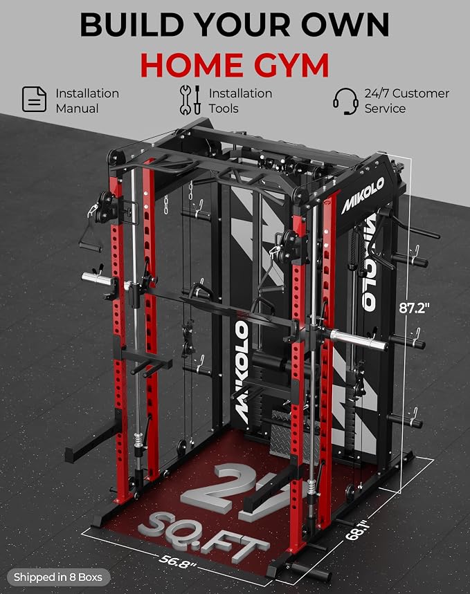 Mikolo Smith Machine with Weight Stack, Power Cage Home Gym System with LAT Pulldown & Cable Crossover, Multi-Functional Trainer with Dual Pulley System, Includes 10+ Free Attachments