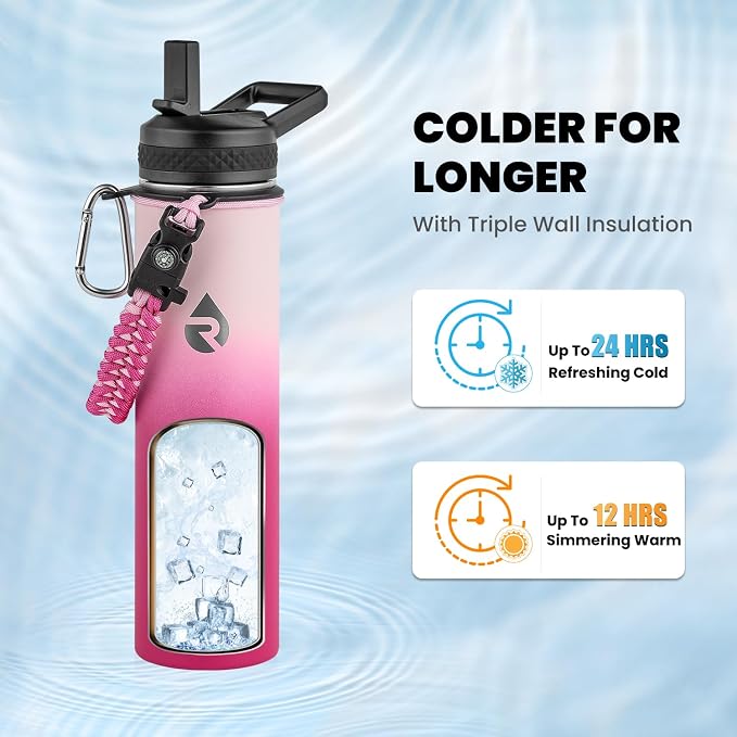RAYMYLO Insulated Water Bottle 24 oz, Triple Wall Vacuum Stainless Steel | (Cold for 24Hrs, Hot for 12Hrs), Leak Proof & Non-BPA, Modern Water Flask Jug with Paracord Handle & Straw Spout Lids