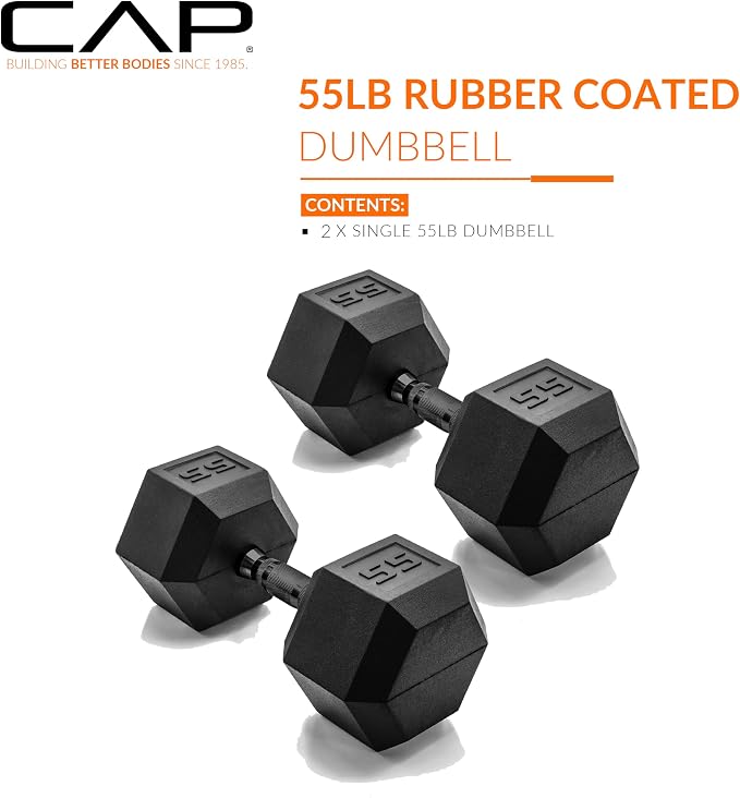 CAP Rubber Coated Dumbbell Weights, Free Weights for Home Gym Strength Training, Anti-Roll Hex Dumbbells with Black, Chrome & Comfort Grip Handles, Pairs & Sets