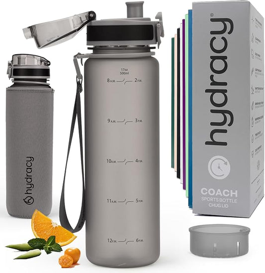 Hydracy Motivational Water Bottle with Time Marker & Fruit Infuser 17 oz | BPA-Free Tritan, Leakproof Flip-Top Lid,No-Sweat Sleeve,Carry Strap,Daily Intake Tracking for Gym,Sports,Outdoors