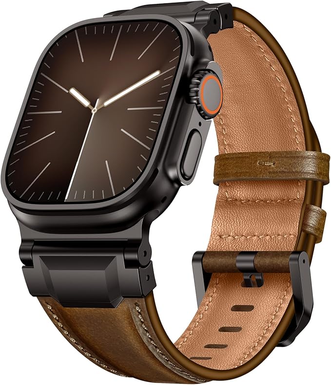 Bands Compatible with Apple Watch Ultra 3/2/1 Band 49/46/45/44mm | Genuine Leather Metal Connector Strap for iWatch Ultra Series 11/10/9/8/7/SE/6/5/4/3/2/1, Retro Walnut/Black