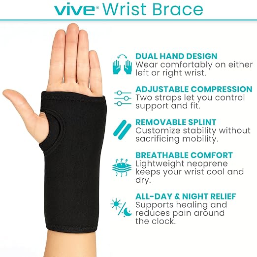 Vive Wrist Brace - Carpal Tunnel Hand Compression Support Wrap for Men | Women, Tendinitis, Bowling, Sports Injuries Pain Relief - Removable Splint - Universal Ergonomic Fit (Black, Left)