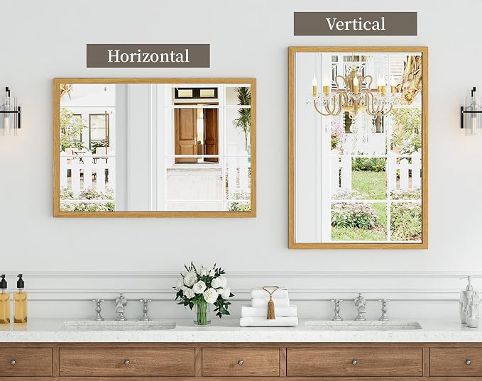 Syndra Natural Wood Frame Bathroom Mirror, 24x36'' Modern Vanity Mirror for Wall, Waterproof Slim Deep Frame, Rectangular HD Tempered Glass Mirror for Living Room, Bedroom, Entryway, Rustic, Farmhouse
