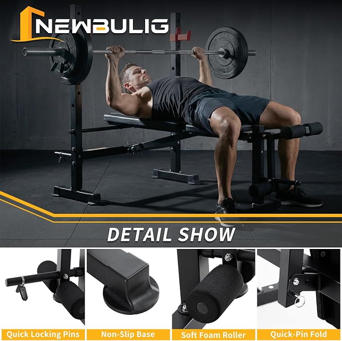 NEWBULIG Adjustable Weight Bench Set with Leg Extension & Curl, 650 LBS Heavy Duty Foldable Bench Press Set with Barbell Rack, Full Body Strength Training Bench for Home Gym