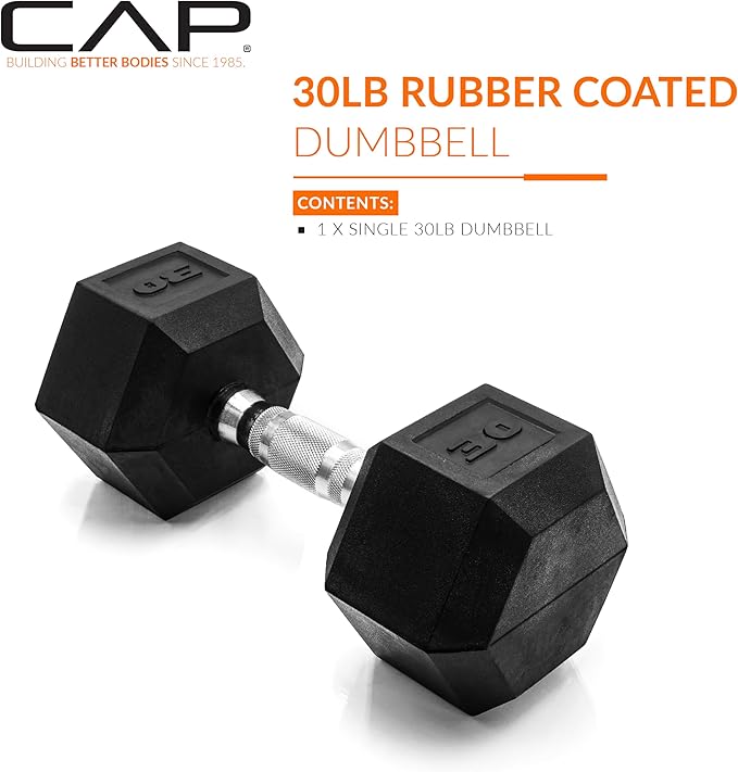 CAP Rubber Coated Dumbbell Weights, Free Weights for Home Gym Strength Training, Anti-Roll Hex Dumbbells with Black, Chrome & Comfort Grip Handles, Singles