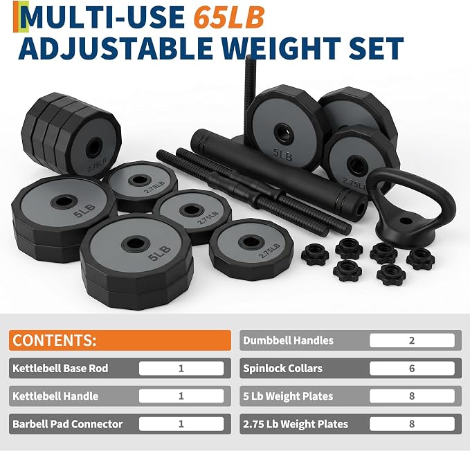 Garvee Adjustable Dumbbells Set 45/65/85 Lbs, 3 In 1 Weight Dumbbell Set | Adjustable Free Weights Set Used As Kettlebells, Barbells, Dumbbells with Barbell Connector & Kettlebell for Home Gym