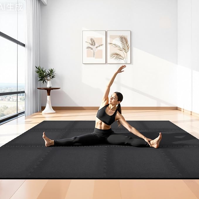 VEVOR 0.56Inch 48sq.ft 12 Tiles Gym Flooring for Home Gym, Rubber Top with High Density EVA Foam, 24 x 24In Gym Floor Exercise Equipment Mats, Interlocking Gym Mats, Puzzle Workout Mats, Black | Rubber Top with High Density EVA Foam, Lightweight Gym Fl...
