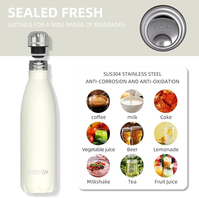 WATERSY Stainless Steel water bottles,17oz/500ml Insulated Water Bottle | Cream White metal water bottle Keeps Drink Cold and Hot,BPA Free kids water bottles for School,Gym,Travel,Sports