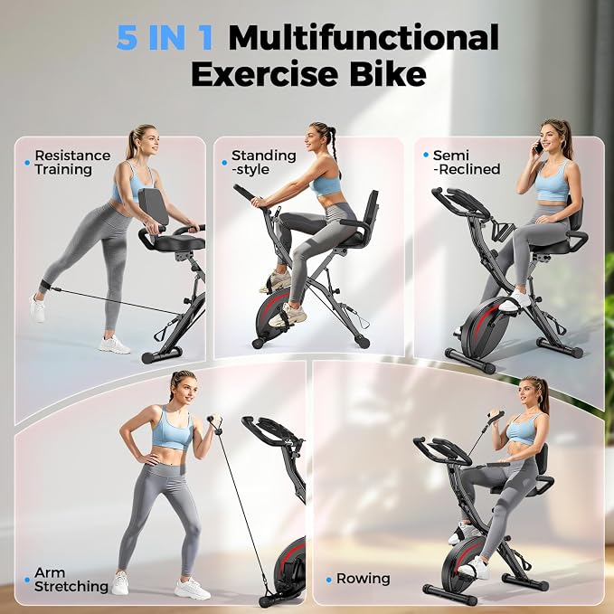 Pleny Folding Exercise Bike, 5 IN 1 Stationary Bikes for Home 6.6 LBS Flywheel, 330LB Weight Capacity Back Support Cushion Indoor Workout Cycling Bike for Home Gym