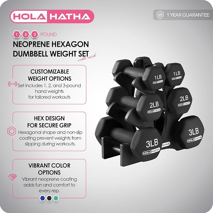 HolaHatha 1, 2 and 3 lb Neoprene Dumbbell Strength Training Weight Set with Rack