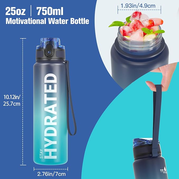 Sahara Sailor Water Bottle 25oz, Tritan Sports Bottle with Time Marker | Bpa Free, Leakproof Wide Mouth With Fast Flow Lid And Cleaning Brush, For Gym School Office Travel, 1 Count