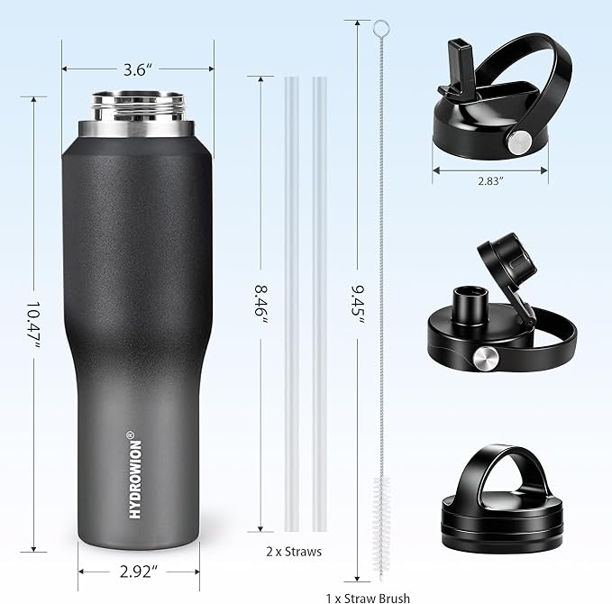 HYDROWION 32oz Water Bottle, Double Wall Vacuum Stainless Steel Insulated Water Flask with Straw Lid, Spout Lid and Flex Cap(Cold for 48 Hrs, Hot for 24 Hrs), Leakproof Travel Thermo Mug, Black&Grey