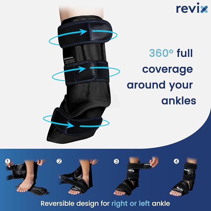REVIX Ice Packs for Ankle, Reusable Cold Pack, 2 Packs, Black | Foot Ice Wrap with Soft Plush Lining, Flexible Gel Pack for Plantar Fasciitis, Achilles Tendonitis, Sprained Ankle