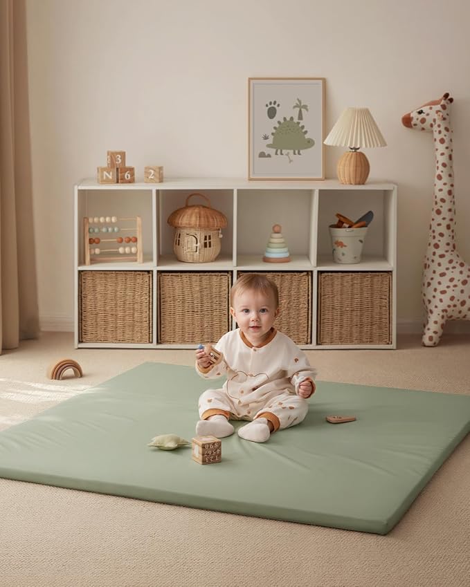 Blissful Diary Vegan Leather Baby Play Mat, 47''x47'', Light Green | thick cushion, safe and soft fabric, waterproof and wip clean, indoor use, non-slip bottom, stylish mordern decor