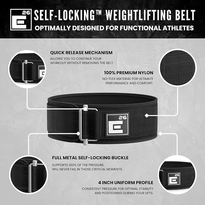 Element 26 Self-Locking Weight Lifting Belt | 4” Back Support for Gym, Powerlifting, Body Building, Cross Training, Men, Women, Deadlift, Squat, Quick Locking, Competition