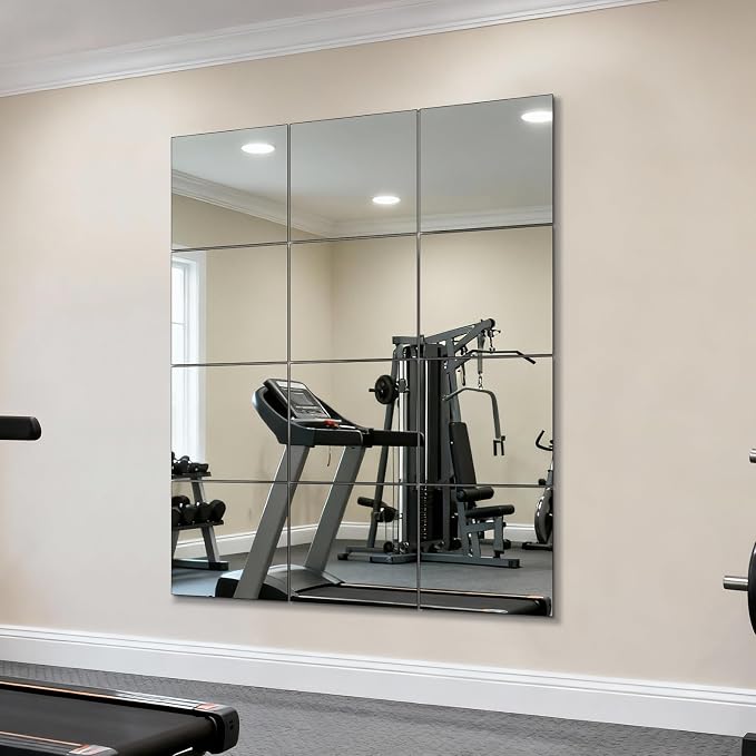 Full Length Wall Mirror Tiles, HD Glass Gym Mirror, Set of 12Pcs 12″ Square Wall Mounted Mirrors for Home Gym, Dance Yoga Studio, Bedroom, Door