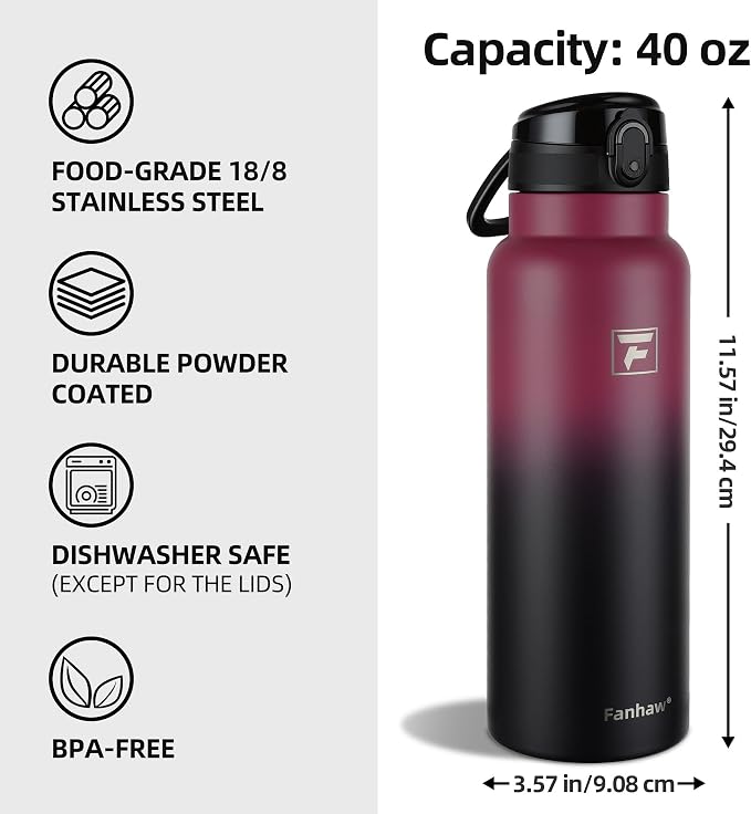 Fanhaw 40 Oz Insulated Stainless Steel Water Bottle with Chug Lid – Wide Mouth, Leak-Proof, BPA-Free – Ideal for Kids, Adults, Sports, Gym, and Outdoor Use (Red Black)