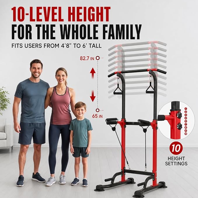 Power Tower Pull Up Dip Station Adjustable Height 330lbs Home | Space-Saving Design,Easy to Assemble,Pull-Ups,Dips,Push-Ups,Strength Training,Improving Posture,Fits Users Under 6 FT