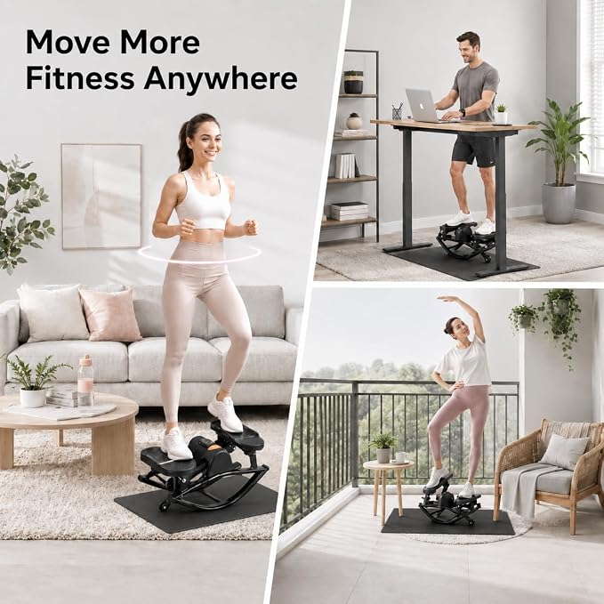Rock Stepper Side to Side, Rocking Stepper for Exercise at Home with Resistance Bands & LCD Monitor, Low Impact Mini Stair Stepper, Anti-Slip Compact Home Workout Equipment, 250 LBS