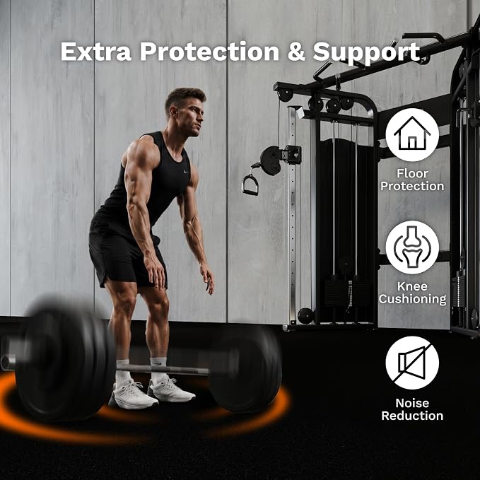 AIRHOP 1" Ultra-Thick 48 Sq Ft Rubber Top Gym Flooring for Home Gym | 12 Tiles, High Density EVA Foam, Waterproof & Non-Slip Rubber, Interlocking Puzzle Mats, Heavy Duty Floor Protection, 24"x24"