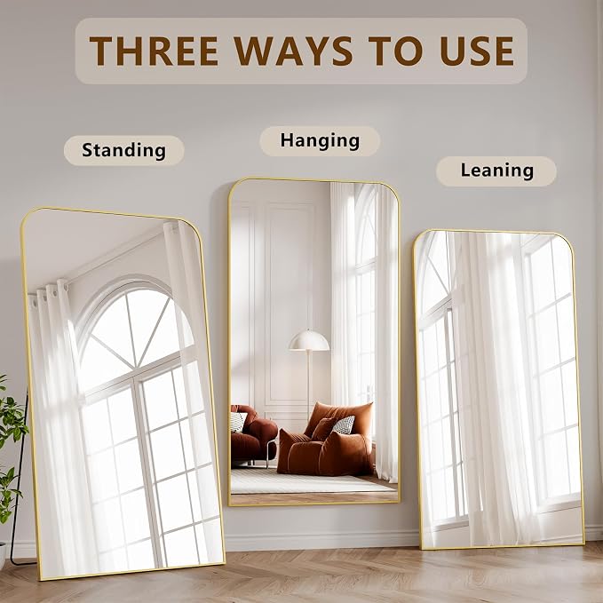 Koonmi Full Length Mirror, 78"x35" Mirror Full Length with Stand, Gold Domed Top Square-Edged Floor Mirror with Aluminum Alloy Frame for Bedroom Living Room