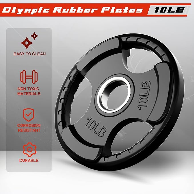 RitFit Olympic Rubber Grip Weight Plates, 2-Inch Barbell Set | Solid Iron Core, Rubber Coated, 2-Inch Olympic Bar Compatible, 3-Hole Grip, 2.5LB to 45LB Weight Options