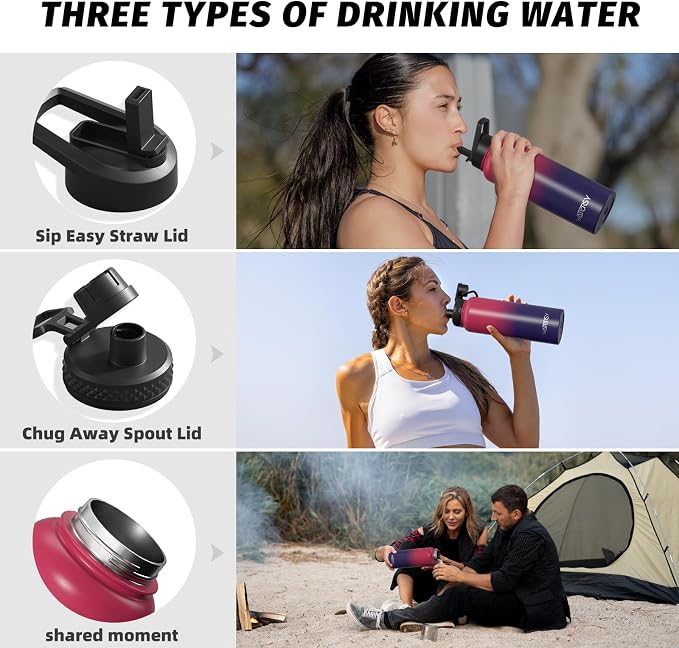 40oz Insulated Water Bottle (Cold for 48 Hrs),BPA Free&Leak Proof,Stainless Steel Water Flask,Water Jug with Straw Spout Lids for Gym,Hiking,Travel,Red Purple