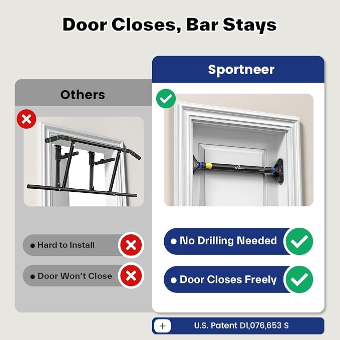 Sportneer Pull Up Bar for Doorway, No-Drill, 29.5-37 in, 440 lb | No-Drill, Adjustable 29.5-37 in, 440 lb, Doorway Fit, Secure Lock, Home Gym, Strength Training