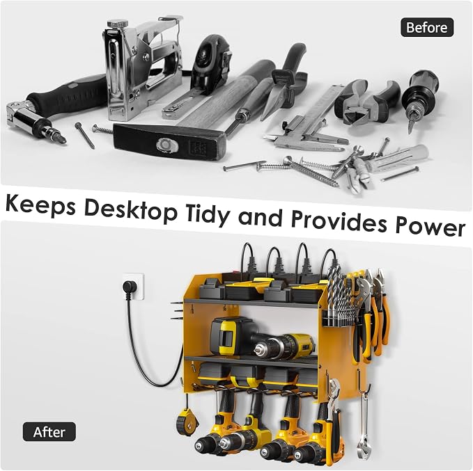 CCCEI Wall Mount Modular Tool Charging Organizer, Yellow, 1 Pack, 3 Tier. | Drill Battery Storage Rack with Hooks, Garage Workshop, Gifts for Men, Dad, Husband Anniversary, Birthday, Christmas