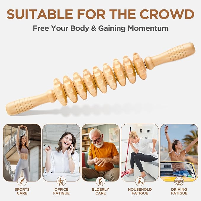 Wooden Cellulite Muscle Roller for Legs and Thighs - Handheld Fascia Blaster Tool for Muscle Relief, Lymphatic Drainage & Body Sculpting - Anti Cellulite Massager for Women and Men (9 Wheel)