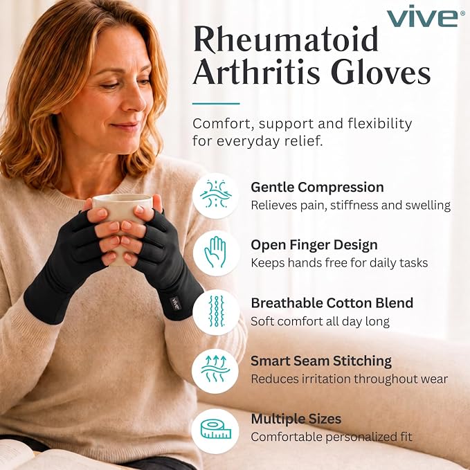 Vive Arthritis Gloves - Men, Women Rheumatoid Compression Hand Glove | Osteoarthritis- Arthritic Joint Pain Relief - Carpal Tunnel Wrist Support - Open Finger, Fingerless Thumb for Computer Typing