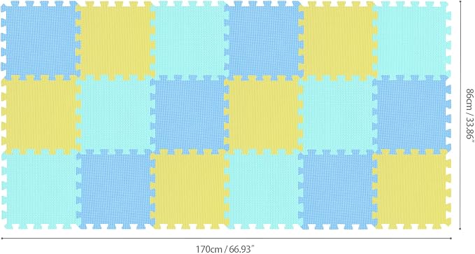 qqpp EVA Rubber 18 Tiles Interlocking Puzzle Foam Floor Mats - Baby Play Mat for Playing | Exercise Mat for Home Workout. Yellow, Blue, Green. QC-EGHb18N