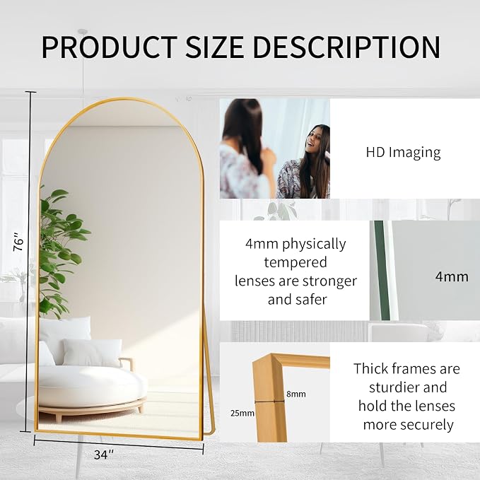 Beauty4U 76" x 34" Arched Full Length Mirror with Stand, Gold Floor Mirror | Large Standing, Leaning, or Wall-Mounted Tempered Full Body Mirror with Metal Frame for Bedroom, Closet, Modern Home Decor