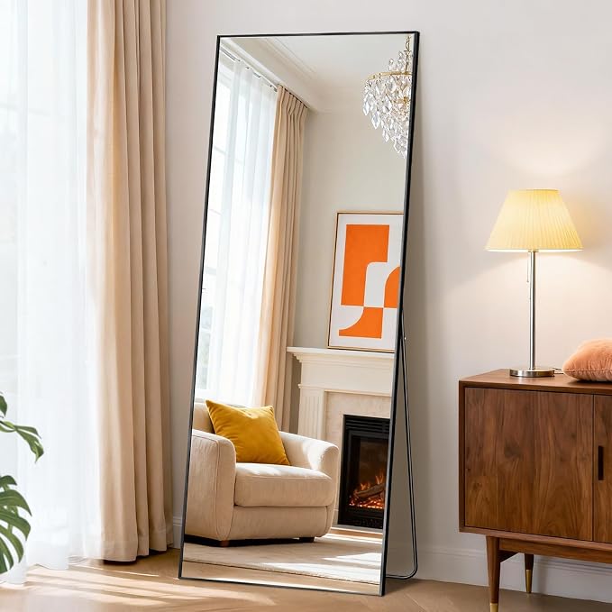 DUMOS 58"x19" Full Length Mirror, Full Body Mirror, Black | Aluminum Alloy Thin Frame, Leaning or Hanging, Suitable for Bedroom, Livingroom, Cloakroom