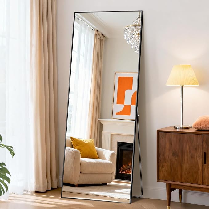 NEWBULIG 58"x19" Full Length Mirror, Full Body Standing Mirror, Black | Leaning or Standing, Tempered Glass, Aluminum Alloy Thin Frame Floor Stand for Bedroom, Cloakroom