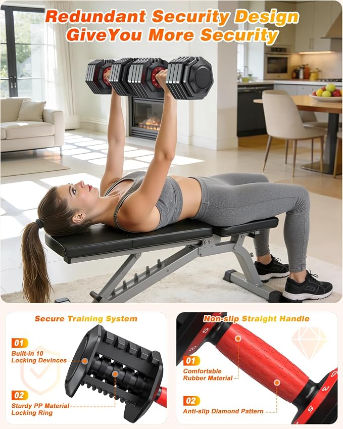 XDDIAS Adjustable Dumbbell Set for Home Gym Workout | 25 to 90 lbs, non-slip knurled grip, compact storage, one-hand adjustable