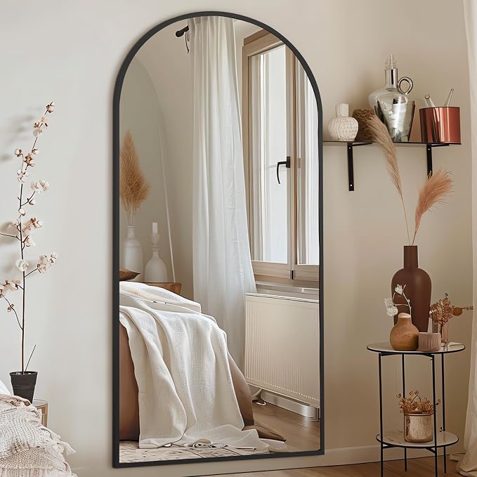 76"x34" Large Arched Floor Mirror Full Length with Stand, Black | Vertically Wall‑Mountable, Freestanding or Wall‑Leaning, for Bedroom Living Room Gym, Tempered Glass, Aluminum Alloy Frame