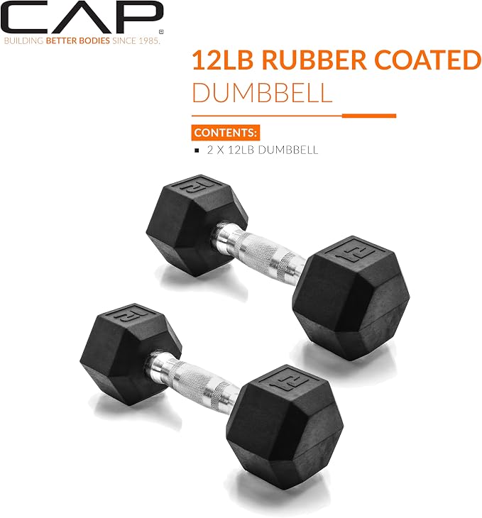 CAP Rubber Coated Dumbbell Weights, Free Weights for Home Gym Strength Training, Anti-Roll Hex Dumbbells with Black, Chrome & Comfort Grip Handles, Pairs & Sets