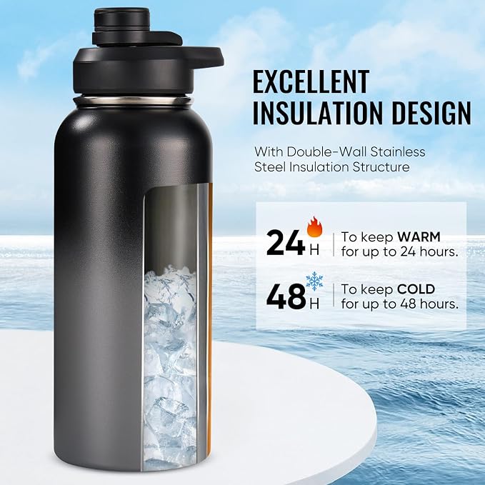 Fijinhom Insulated Water Bottle with Handle, 304 Stainless Steel Water Bottles with Wide Mouth, Double Wall Vacuum Sports Water Bottle, BPA Free, Keep Cold and Hot, 32 Ounces Black/Gray