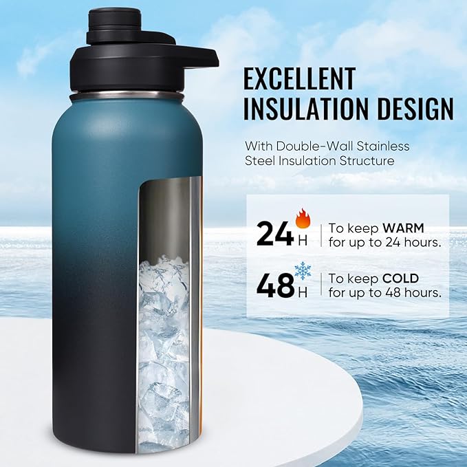 Fijinhom Insulated Water Bottle with Handle, 304 Stainless Steel Water Bottles with Wide Mouth, Double Wall Vacuum Sports Water Bottle, BPA Free, Keep Cold and Hot, 32 Ounces Blue&Black