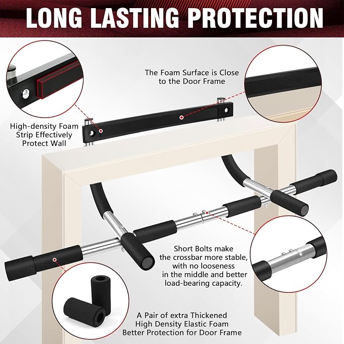 Pull Up Bar for Doorway, Upgrade Chin up Bar for Doorway Without Screws, Portable Strength Training Door Frame Pull-up Bars, Door Workout Bar with Foam Grips for Home