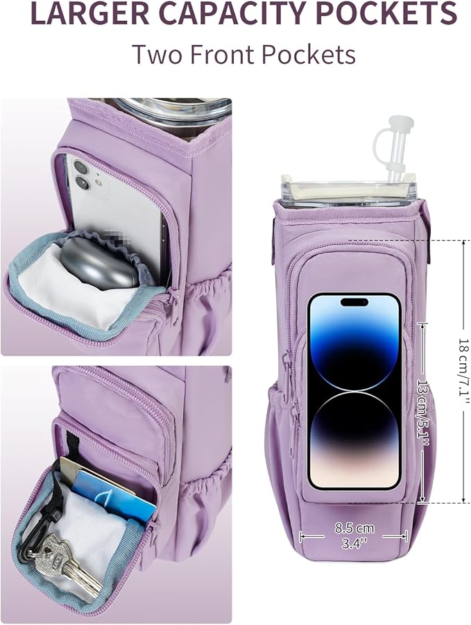 sportsnew 30/40oz Crossbody Water Bottle Holder Anti-Tip Tumbler Carrier | Lightweight Bottle Sling Fits Handled Tumbler w/ Phone Pocket, Adjustable Strap, Insulated Lining, Hands-free for Hiking Gym